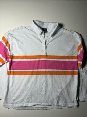 Oak & Trellis White Pink Orange Strip rugby style polo shirt Large 100% cotton